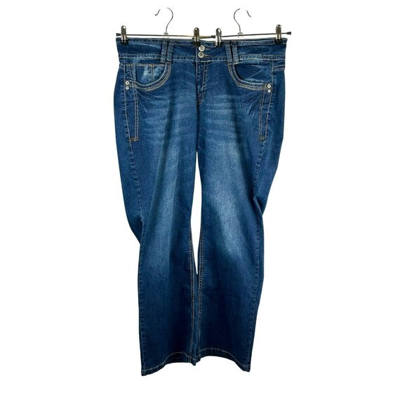 Wallflower Boot Cut Flare Denim Jeans Women Plus 22 Dark Blue Wash Bling Pockets - Picture 1 of 10